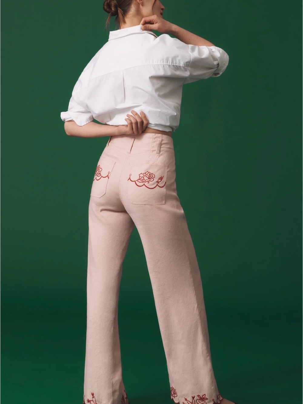 Anthropologie Pale Pink Wide-Leg Embroidered Pants - Picture 3 of 5